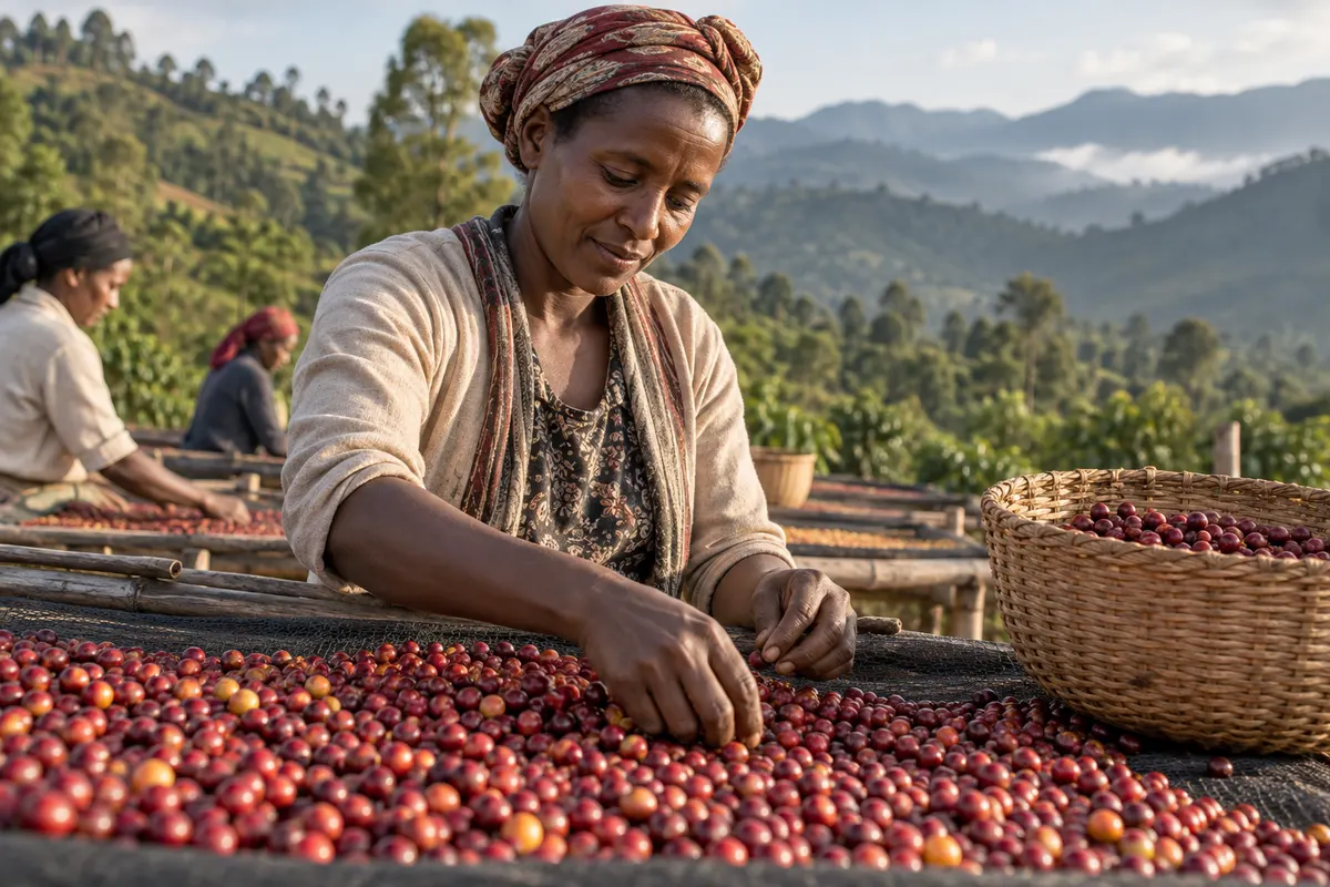 Illustration of a producer sorting coffee cherries