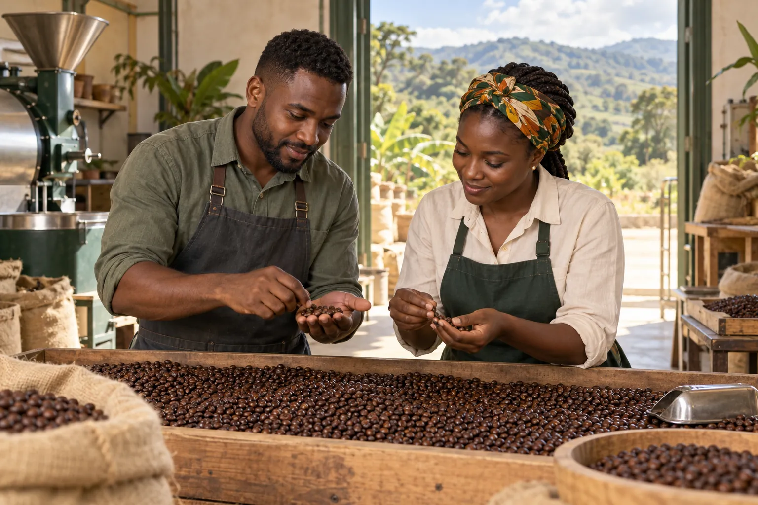 Editorial illustration inspired by Angola: two contemporary food entrepreneurs reviewing coffee beans in a bright small processing workshop with leafy hills beyond the open doorway