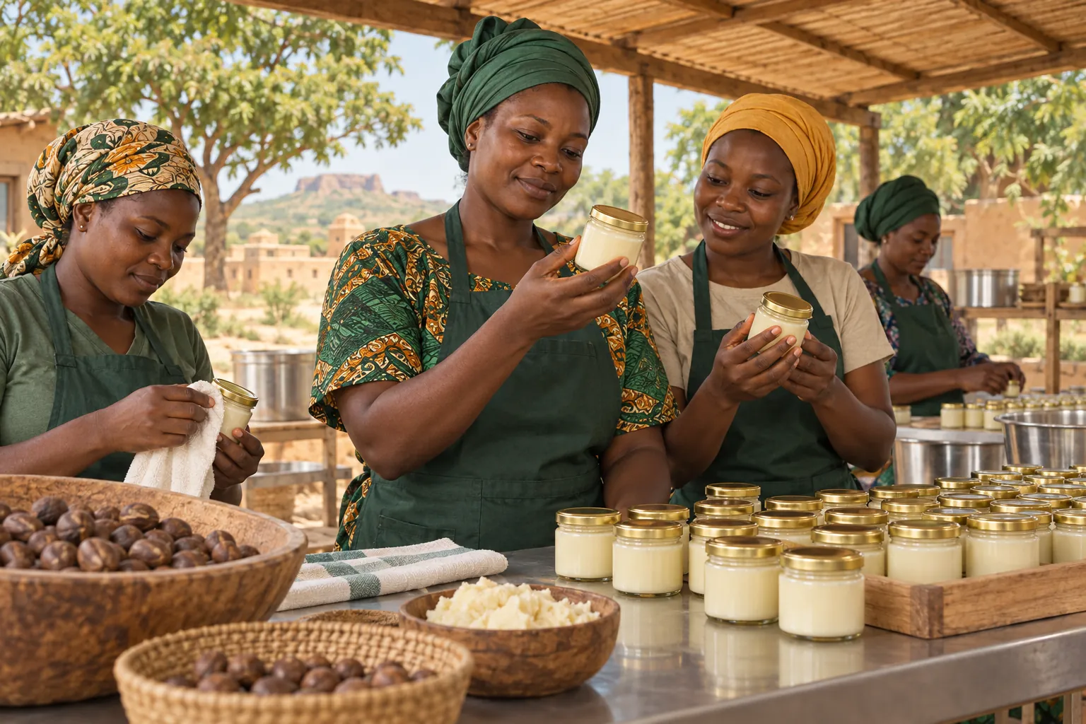 Editorial illustration inspired by Burkina Faso: a women-led shea processing team checking sealed jars at a clean cooperative workbench beneath a shaded roof
