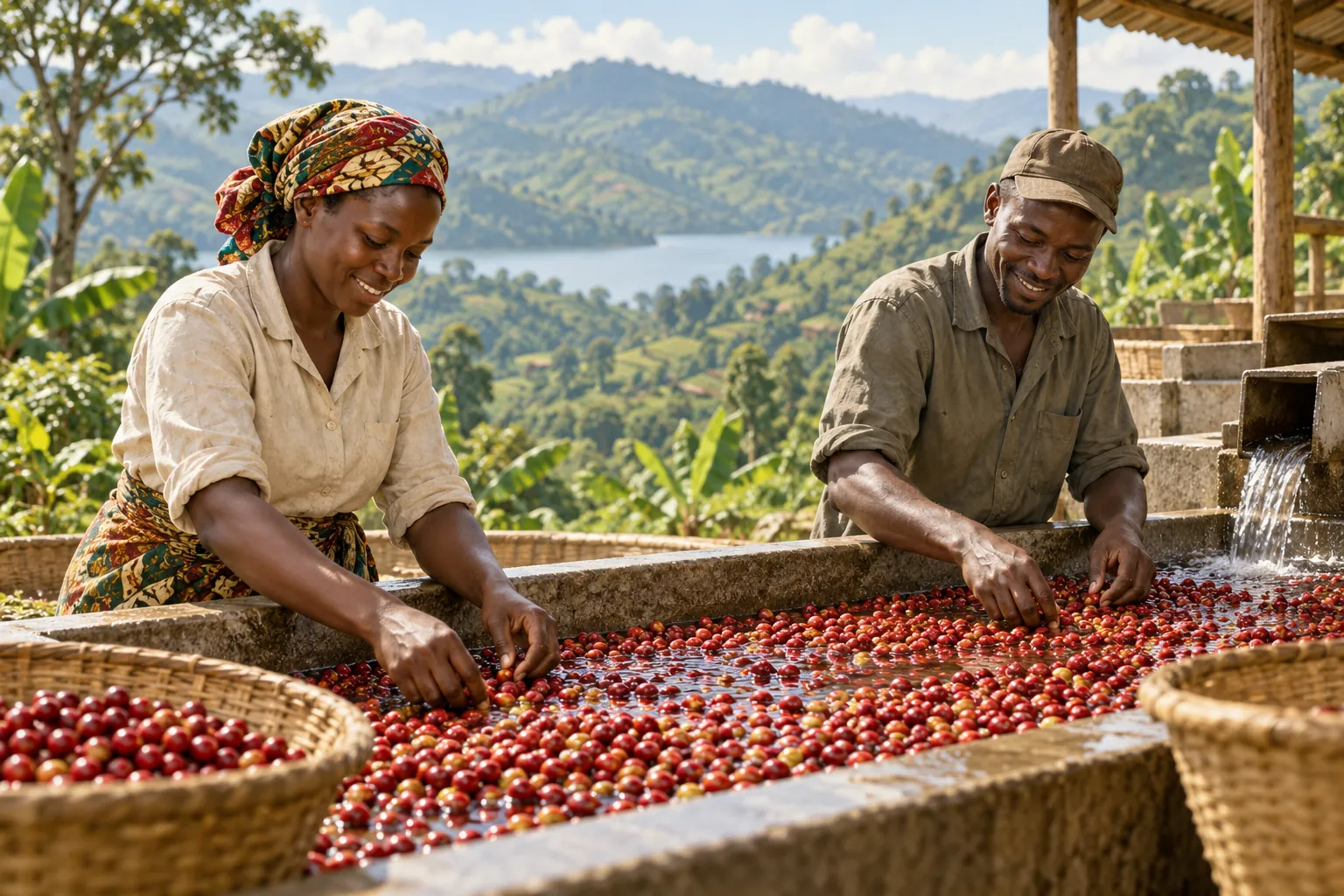 Editorial illustration inspired by Burundi: two coffee growers sorting ripe cherries at a washing station overlooking green hills