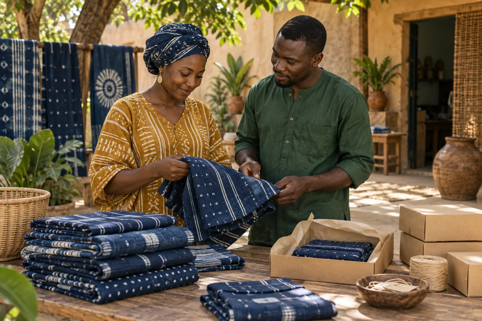 Editorial illustration inspired by Benin: two textile entrepreneurs inspecting folded indigo fabrics and packaging in a shaded courtyard workshop