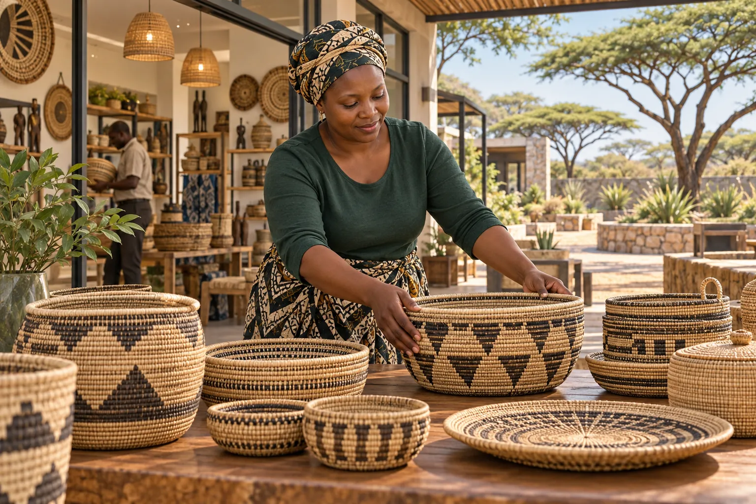 Editorial illustration inspired by Botswana: a basket maker and shop owner arranging carefully woven baskets at a modern craft cooperative beside an acacia-lined courtyard