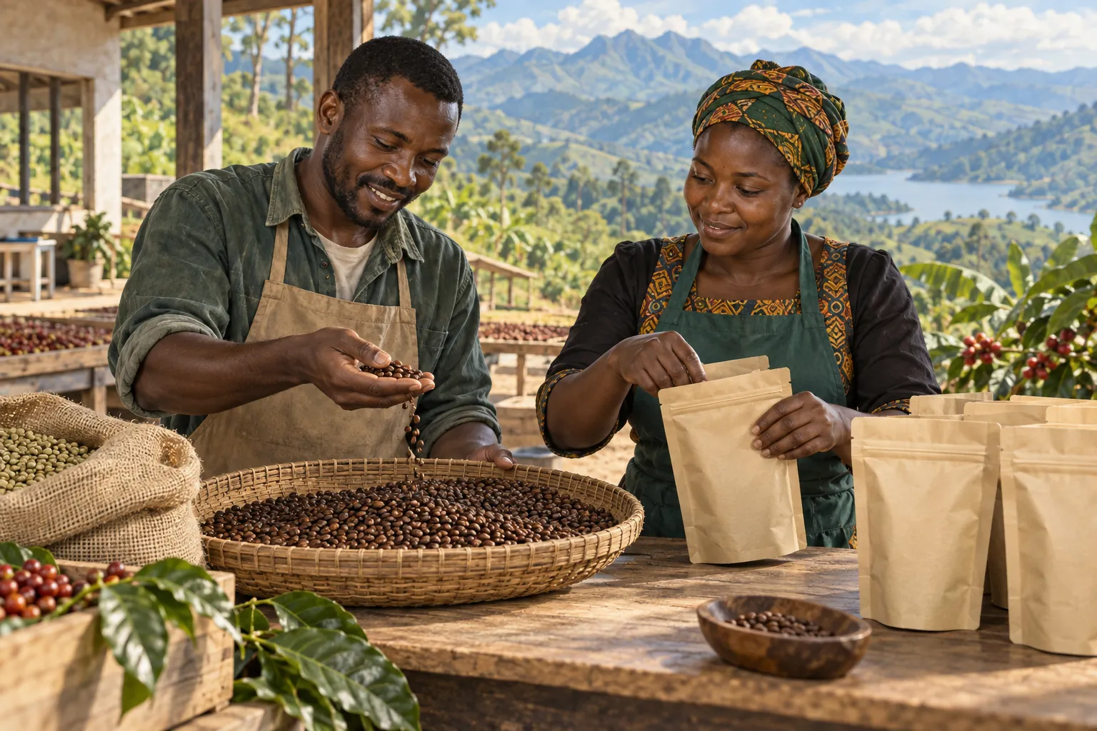 Editorial illustration inspired by Democratic Republic of the Congo: two coffee cooperative workers checking beans and reusable packaging in a bright workshop beside green highland slopes
