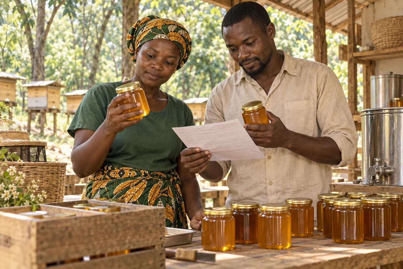 Editorial illustration inspired by Central African Republic: two honey producers examining sealed honey jars and a paper lot record in a simple sunlit woodland cooperative workshop