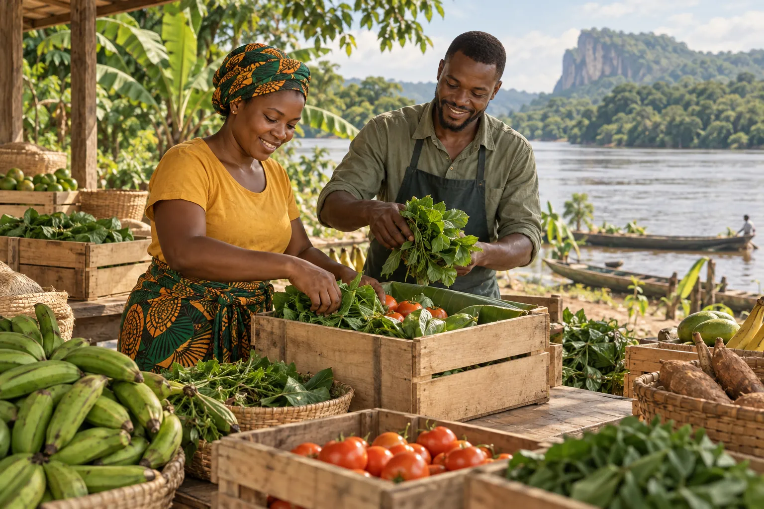 Editorial illustration inspired by Republic of the Congo: two food entrepreneurs packing fresh produce at a riverside market workspace with lush vegetation