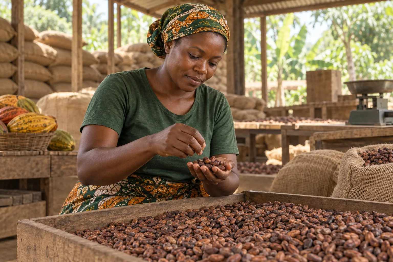 Editorial illustration inspired by Côte d’Ivoire: a woman cocoa producer and quality worker examining dried cocoa beans in a shaded cooperative store