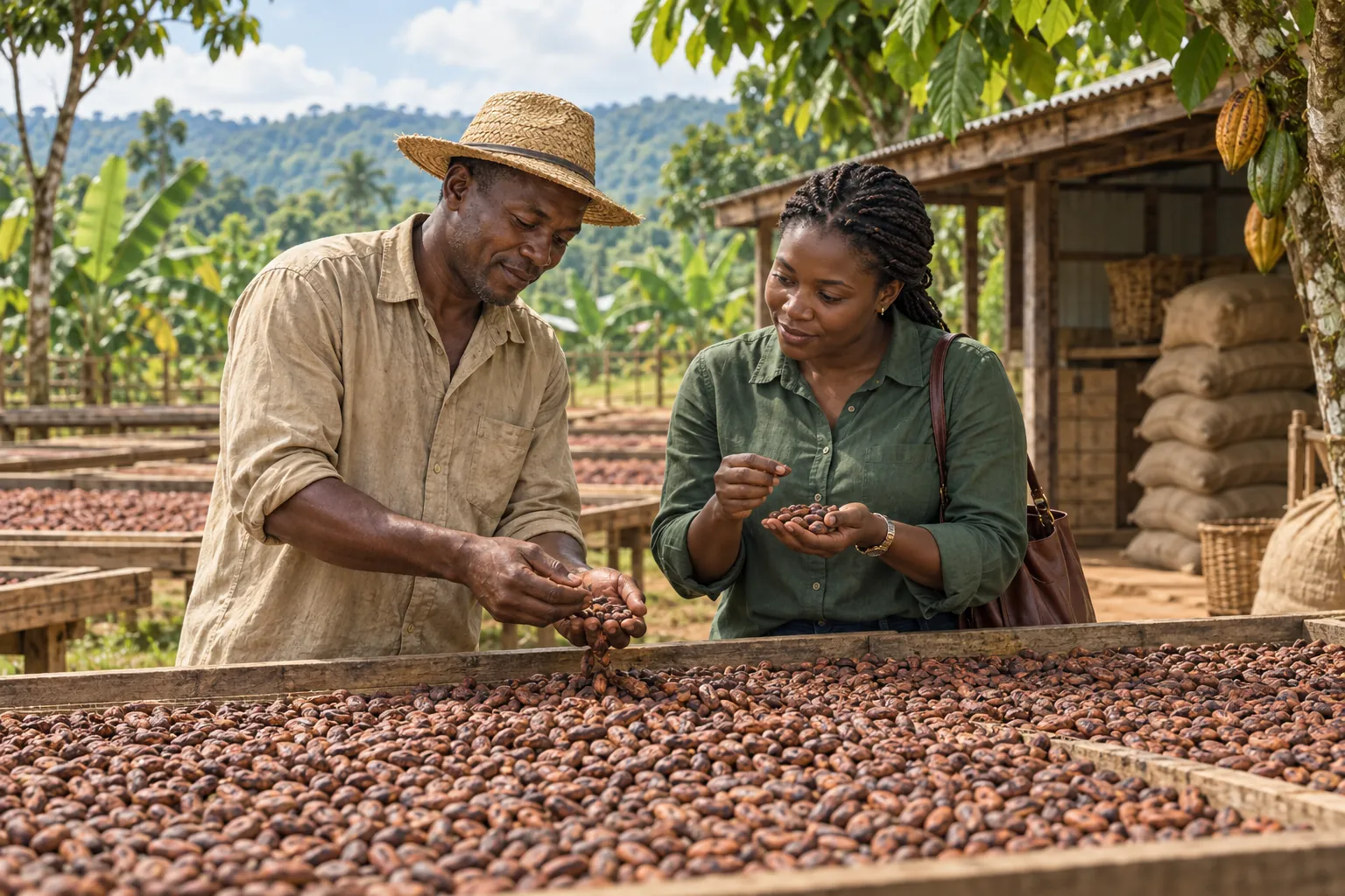 Editorial illustration inspired by Cameroon: a cocoa grower and buyer examining dried beans on raised trays beside a leafy farm store
