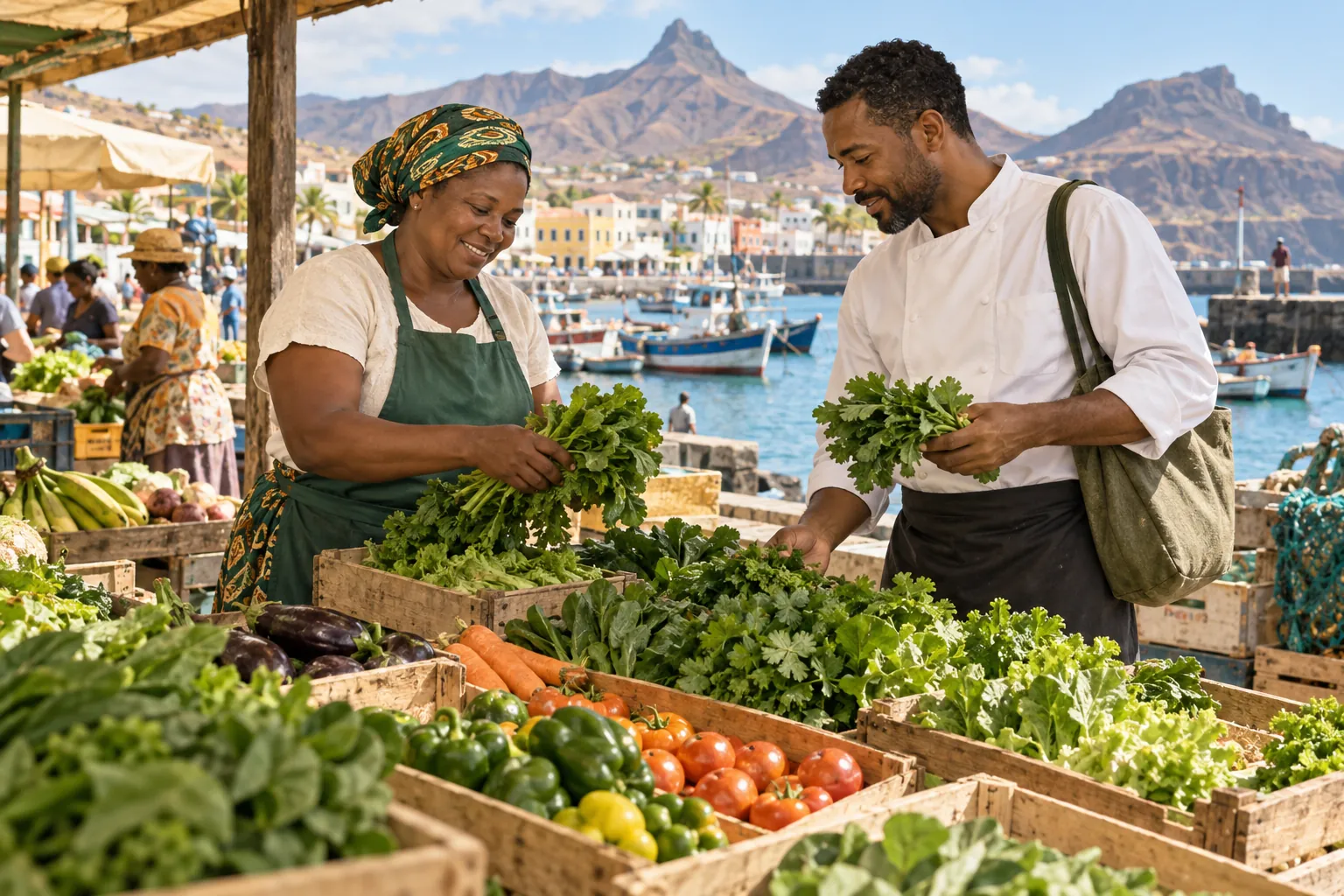 Editorial illustration inspired by Cabo Verde: a produce seller and restaurant buyer checking crates of vegetables at a bright island harbour market with volcanic hills