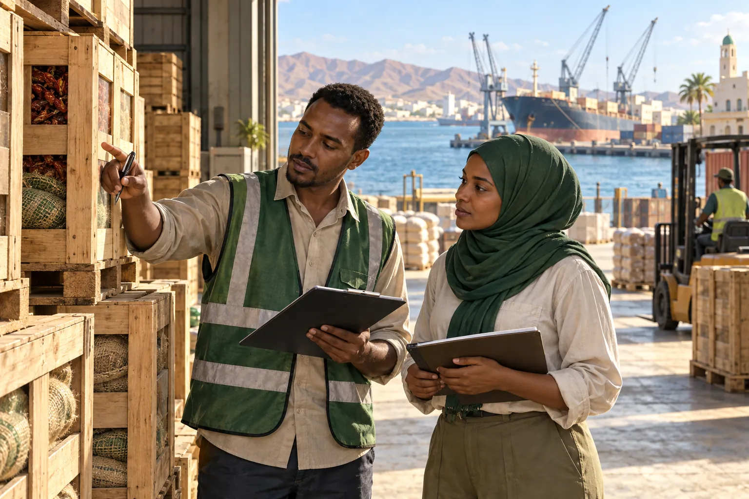 Editorial illustration inspired by Djibouti: two logistics professionals checking neatly stacked product crates at a modest warehouse near a sunlit Red Sea harbour