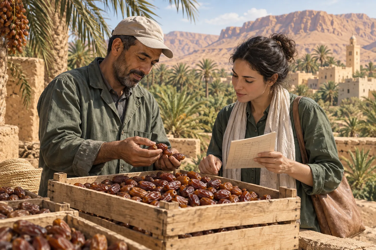 Editorial illustration inspired by Algeria: date producers reviewing a harvest at a shaded oasis cooperative