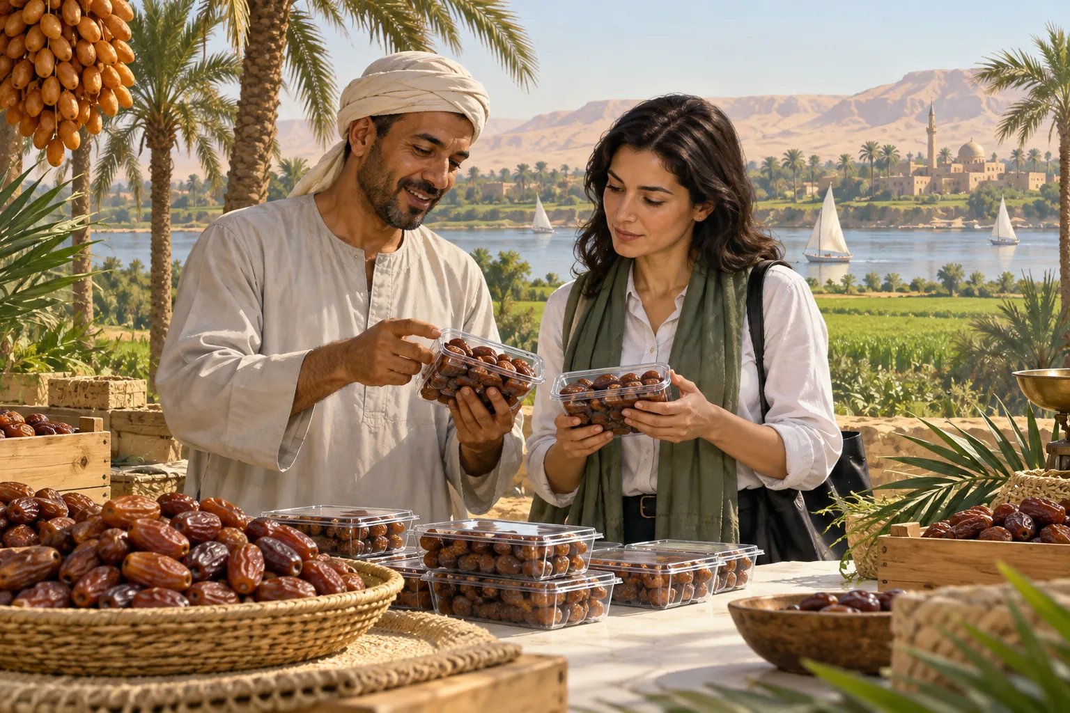 Editorial illustration inspired by Egypt: a date-food producer and buyer reviewing packaged dates on a clean worktable with palms and a cultivated Nile-side landscape
