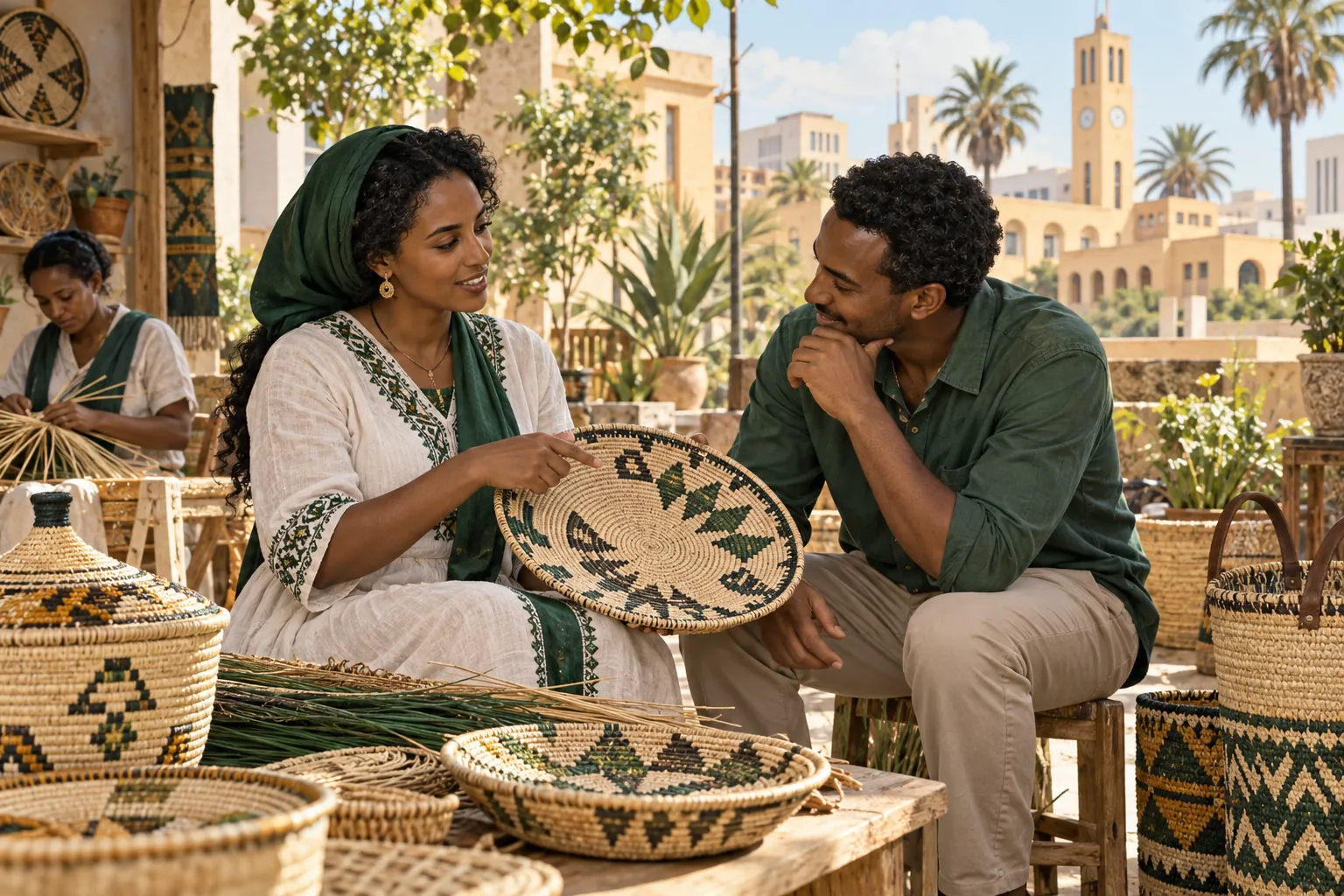 Editorial illustration inspired by Eritrea: a craft producer and shop owner discussing woven goods in an airy courtyard workshop with warm modernist urban buildings beyond