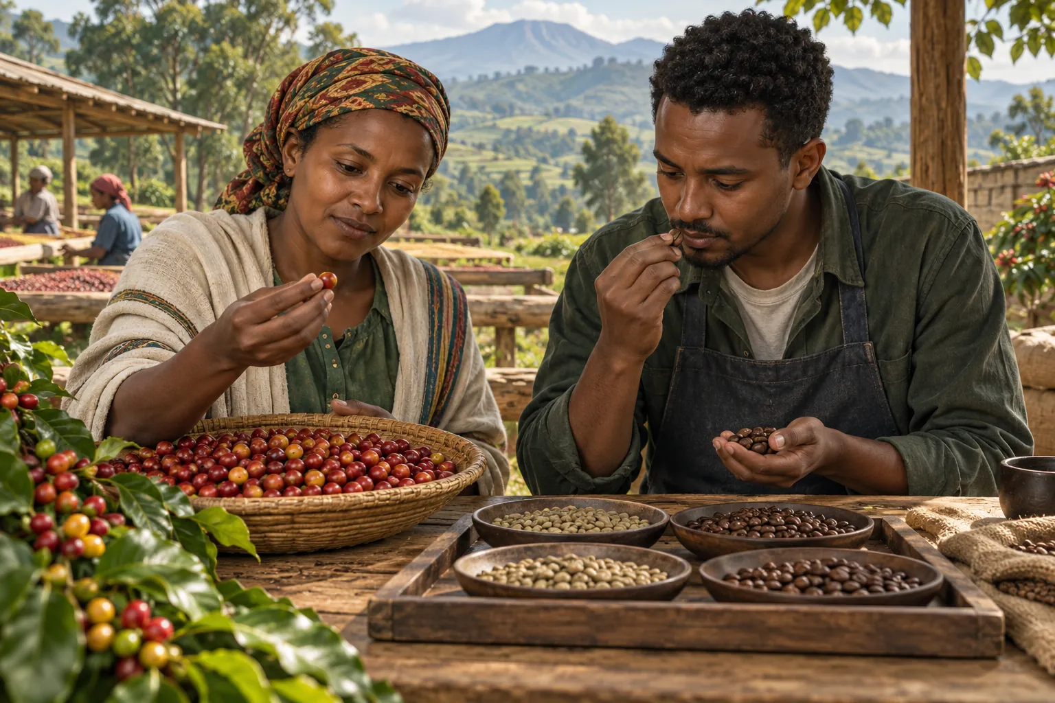 Editorial illustration inspired by Ethiopia: a coffee grower and quality specialist inspecting ripe cherries and roasted bean samples at a highland cooperative table