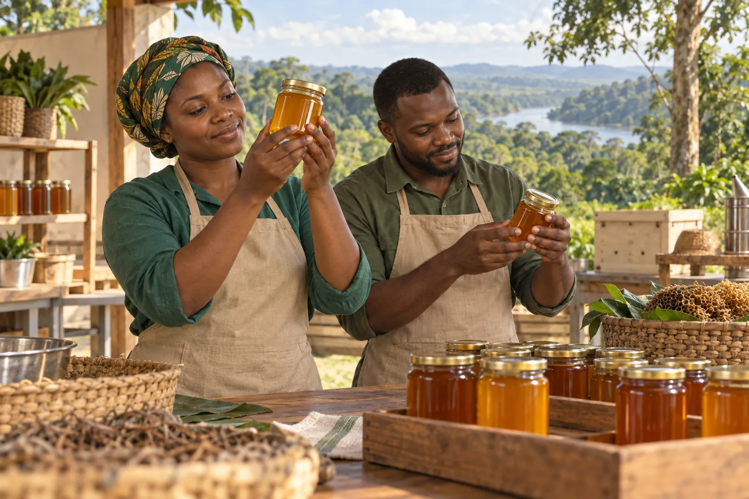 Editorial illustration inspired by Gabon: two community enterprise workers checking sealed jars of forest honey in a bright workspace at the edge of a green forest landscape