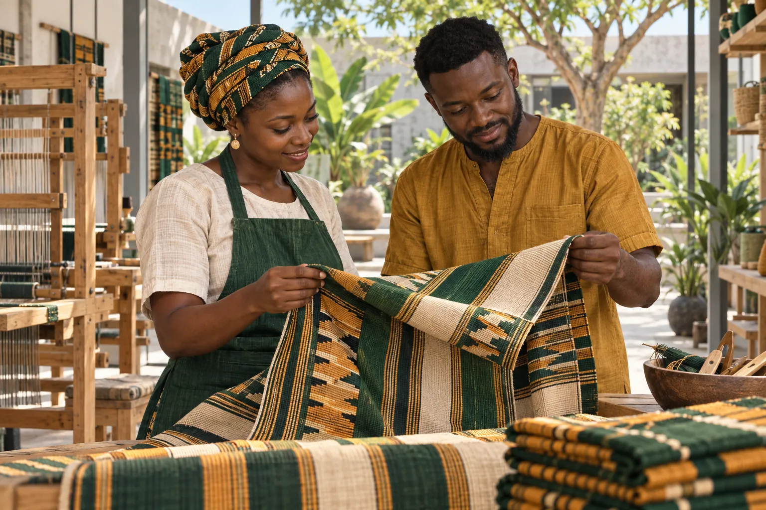 Editorial illustration inspired by Ghana: two textile makers inspecting woven fabric at a modern craft workshop with natural daylight and a green courtyard