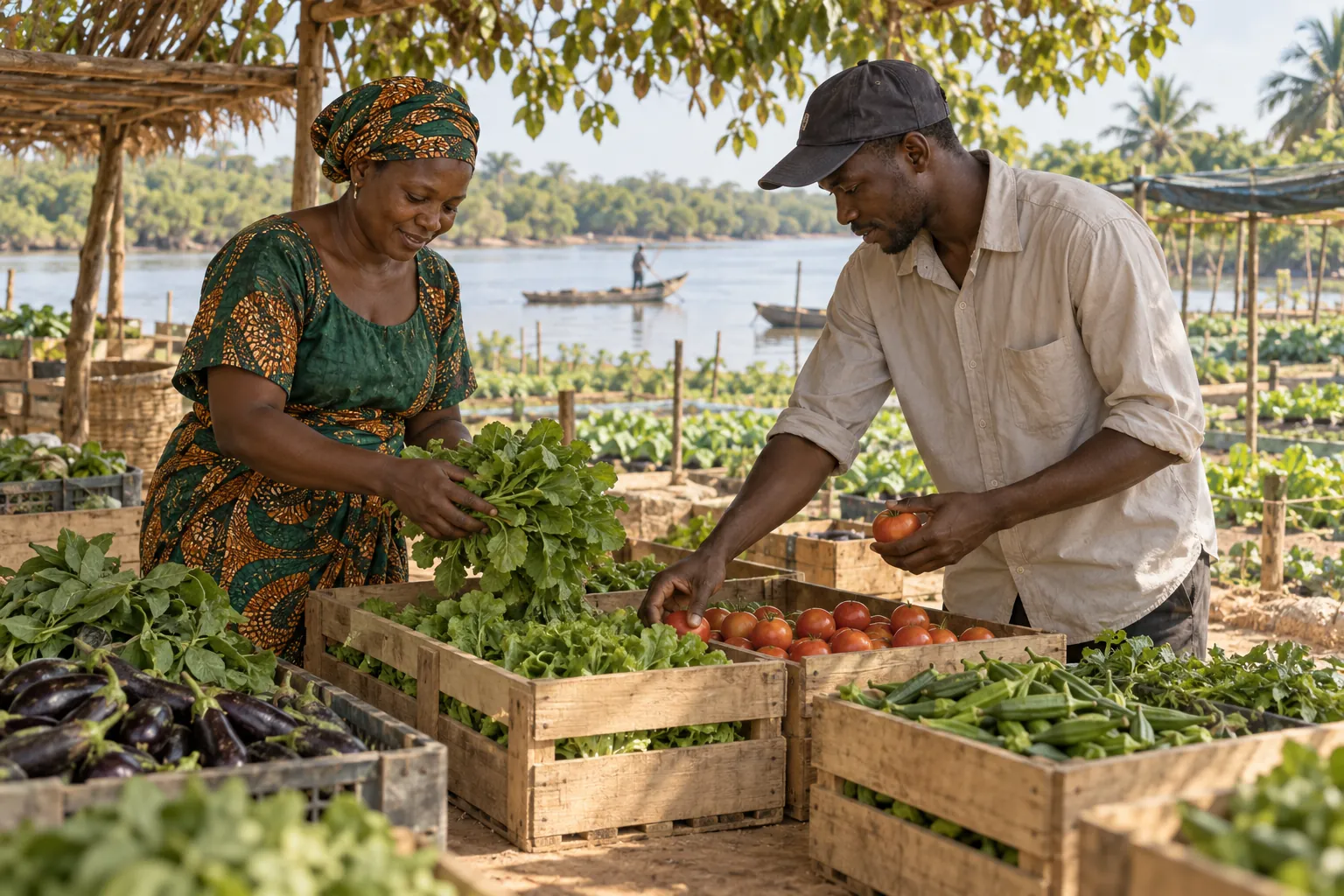 Editorial illustration inspired by Gambia: a vegetable grower and buyer examining produce crates in a shaded riverside market garden