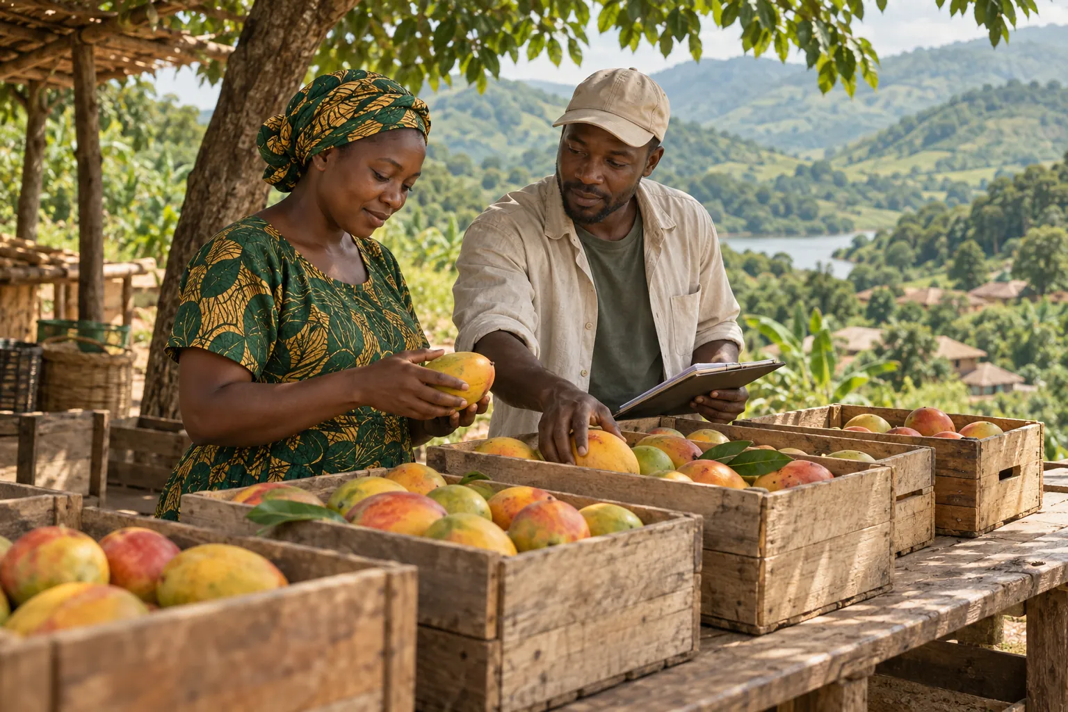 Editorial illustration inspired by Guinea: a fruit grower and cooperative organiser checking mango crates on a shaded collection table beside green rolling hills