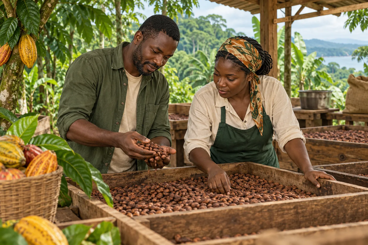 Editorial illustration inspired by Equatorial Guinea: two cocoa entrepreneurs examining fermentation trays in a tropical farm workshop surrounded by lush green foliage