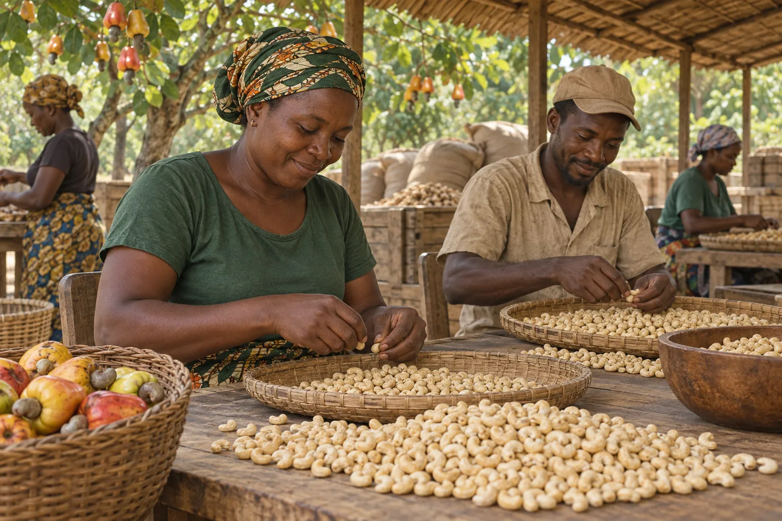 Editorial illustration inspired by Guinea-Bissau: a cashew grower and small processor sorting cashew nuts at a shaded cooperative workspace with leafy orchard trees