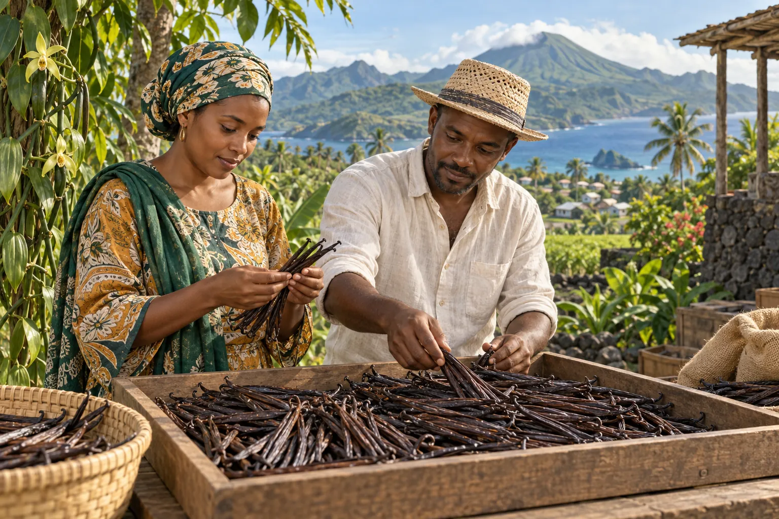 Editorial illustration inspired by Comoros: a grower and small enterprise owner examining vanilla pods in a wooden sorting tray, tropical garden and volcanic island hills beyond