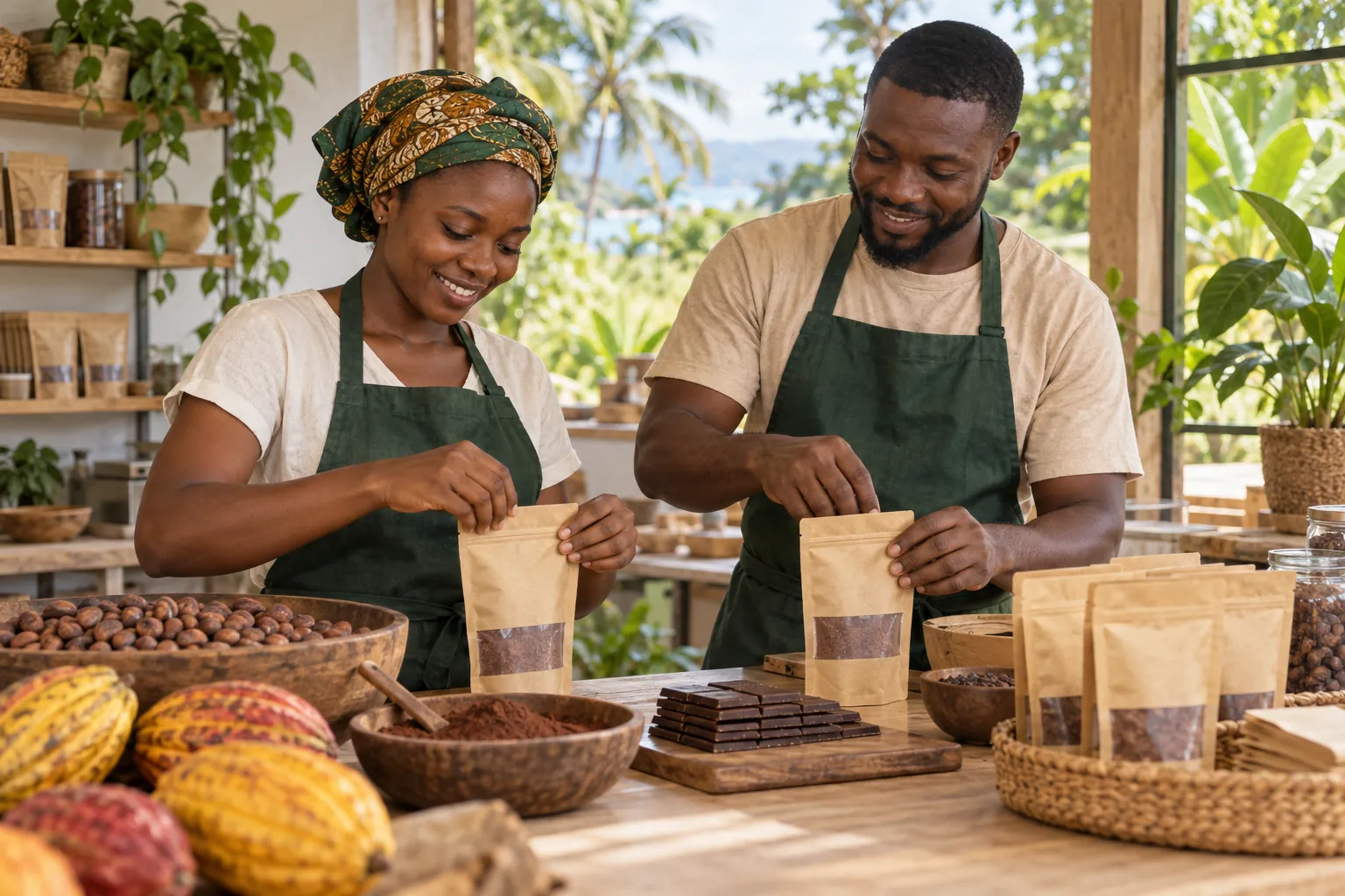 Editorial illustration inspired by Liberia: two food entrepreneurs packaging cocoa products at a bright small workshop with tropical greenery outside