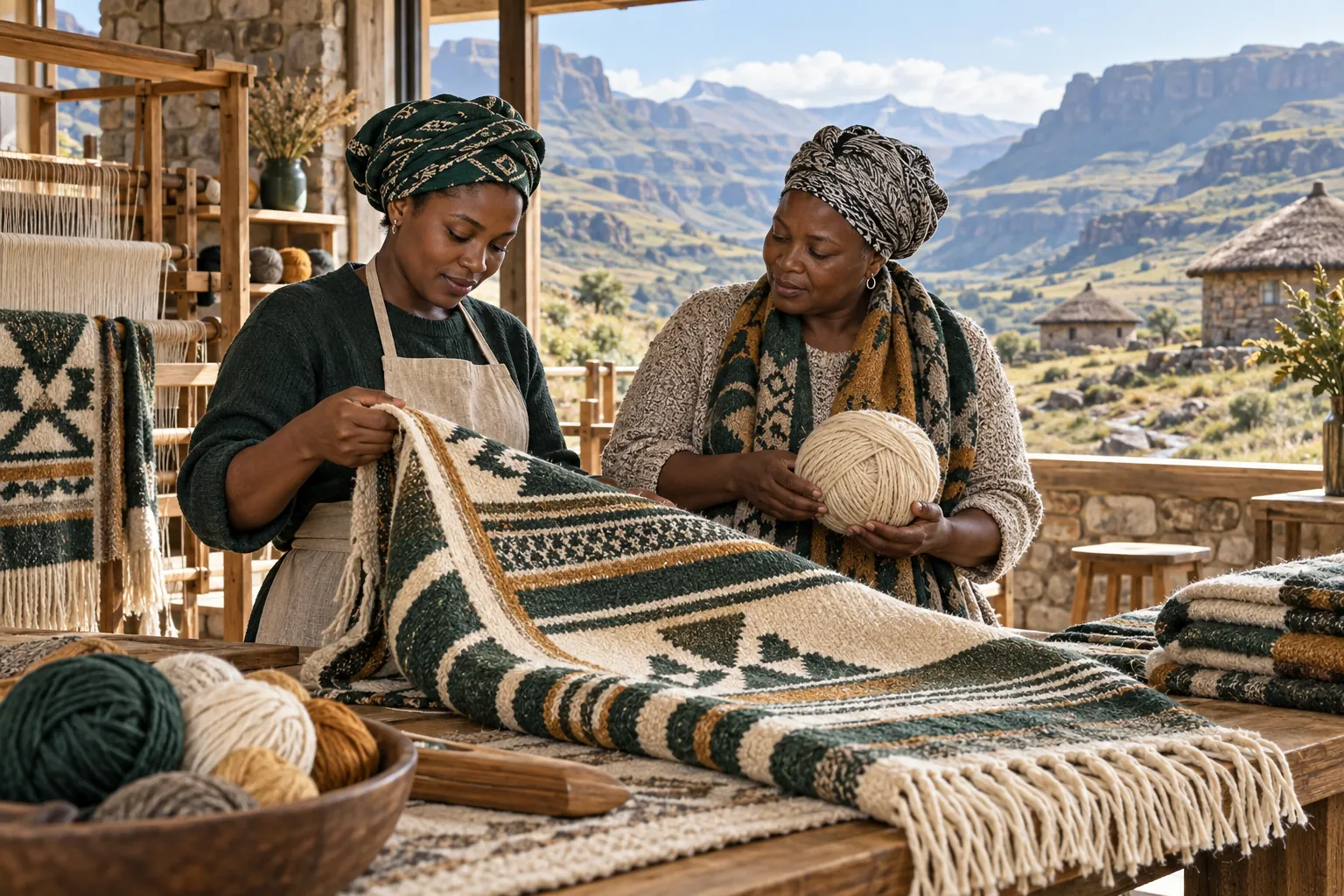 Editorial illustration inspired by Lesotho: two wool textile makers checking woven fabric and yarn in an airy mountain workshop with broad highland scenery