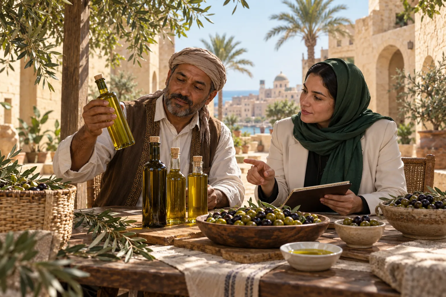 Editorial illustration inspired by Libya: a grower and food buyer examining olive oil bottles and olives at a shaded courtyard table with palms and warm stone buildings