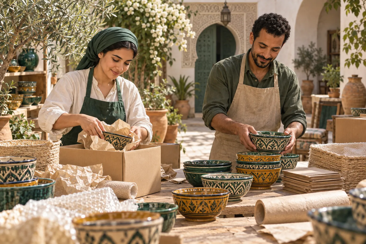 Editorial illustration inspired by Morocco: two ceramic artisans arranging glazed bowls and protective packaging at a sunlit courtyard workbench