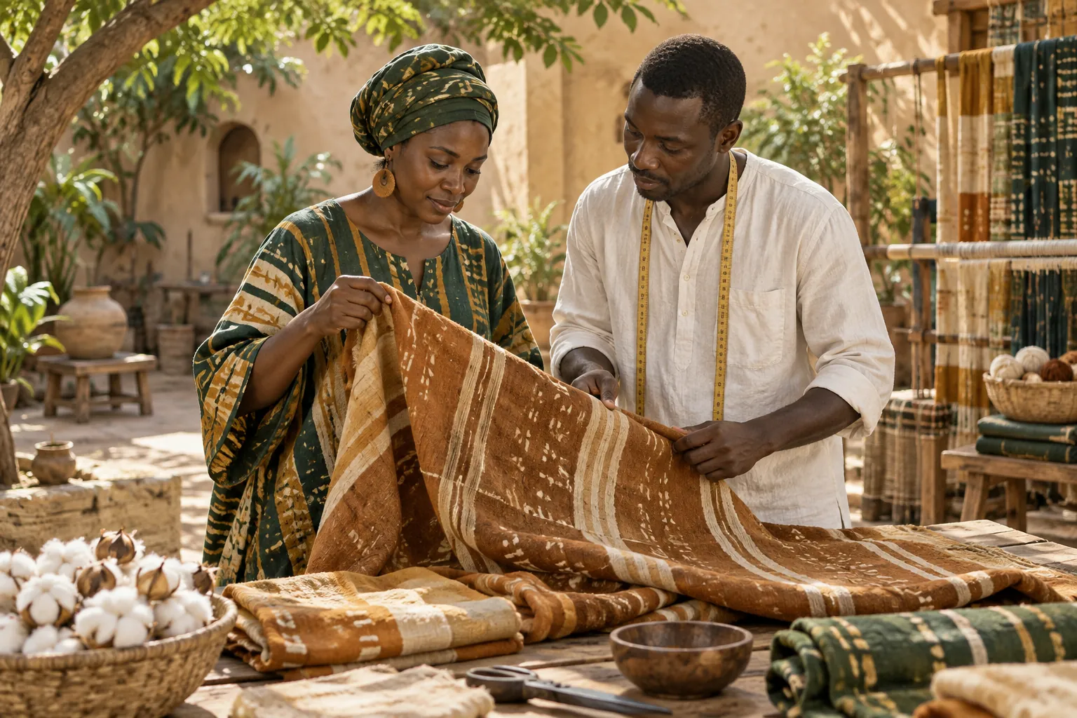 Editorial illustration inspired by Mali: a textile maker and designer inspecting earth-toned cotton fabric in a shaded courtyard craft workspace