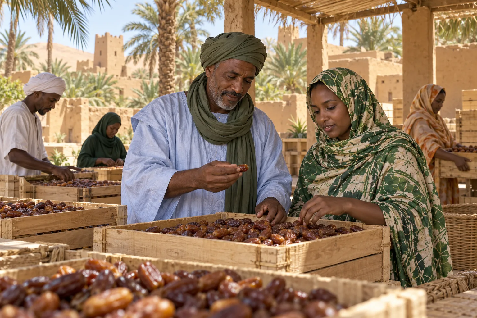 Editorial illustration inspired by Mauritania: a date grower and trader reviewing palm-date crates in a shaded oasis cooperative surrounded by sand-coloured buildings