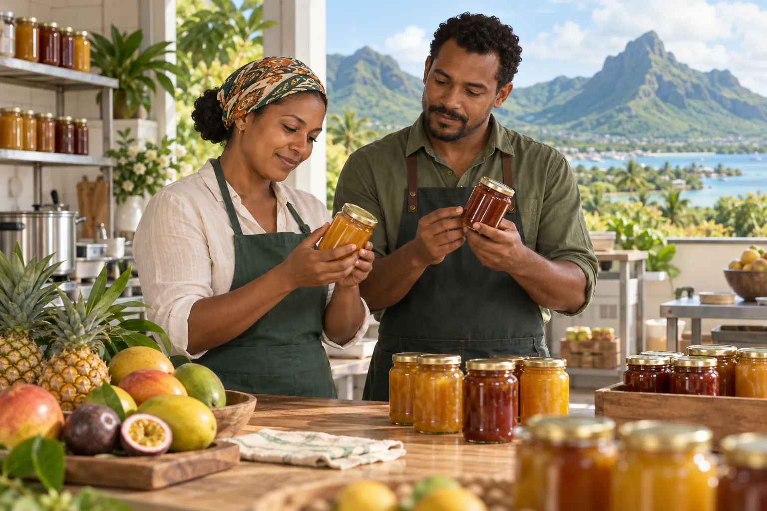 Editorial illustration inspired by Mauritius: two small food-business owners inspecting fruit preserves at a clean workshop with green island mountains beyond