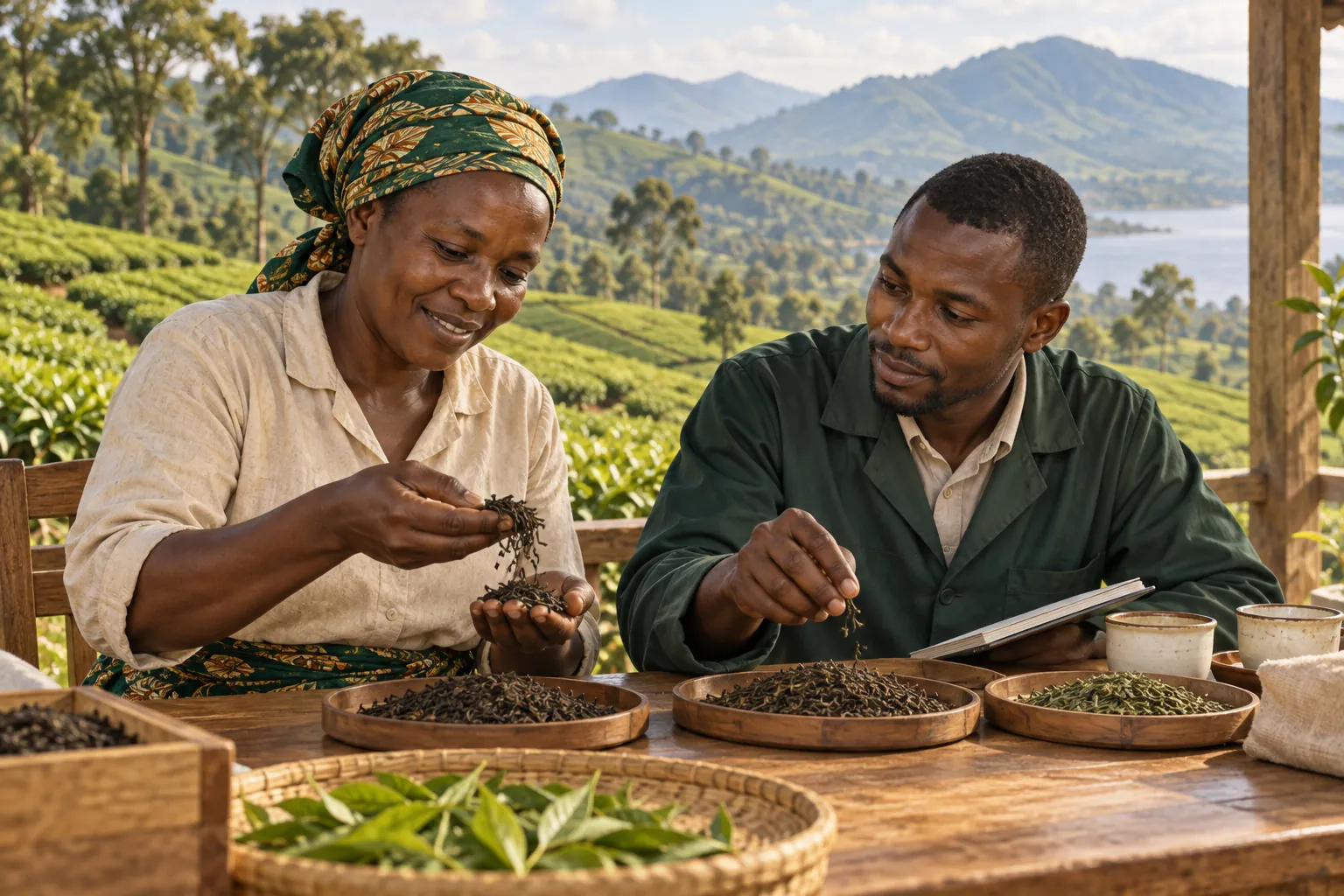 Editorial illustration inspired by Malawi: a tea grower and enterprise worker reviewing loose tea samples at a wooden table overlooking green cultivated hills