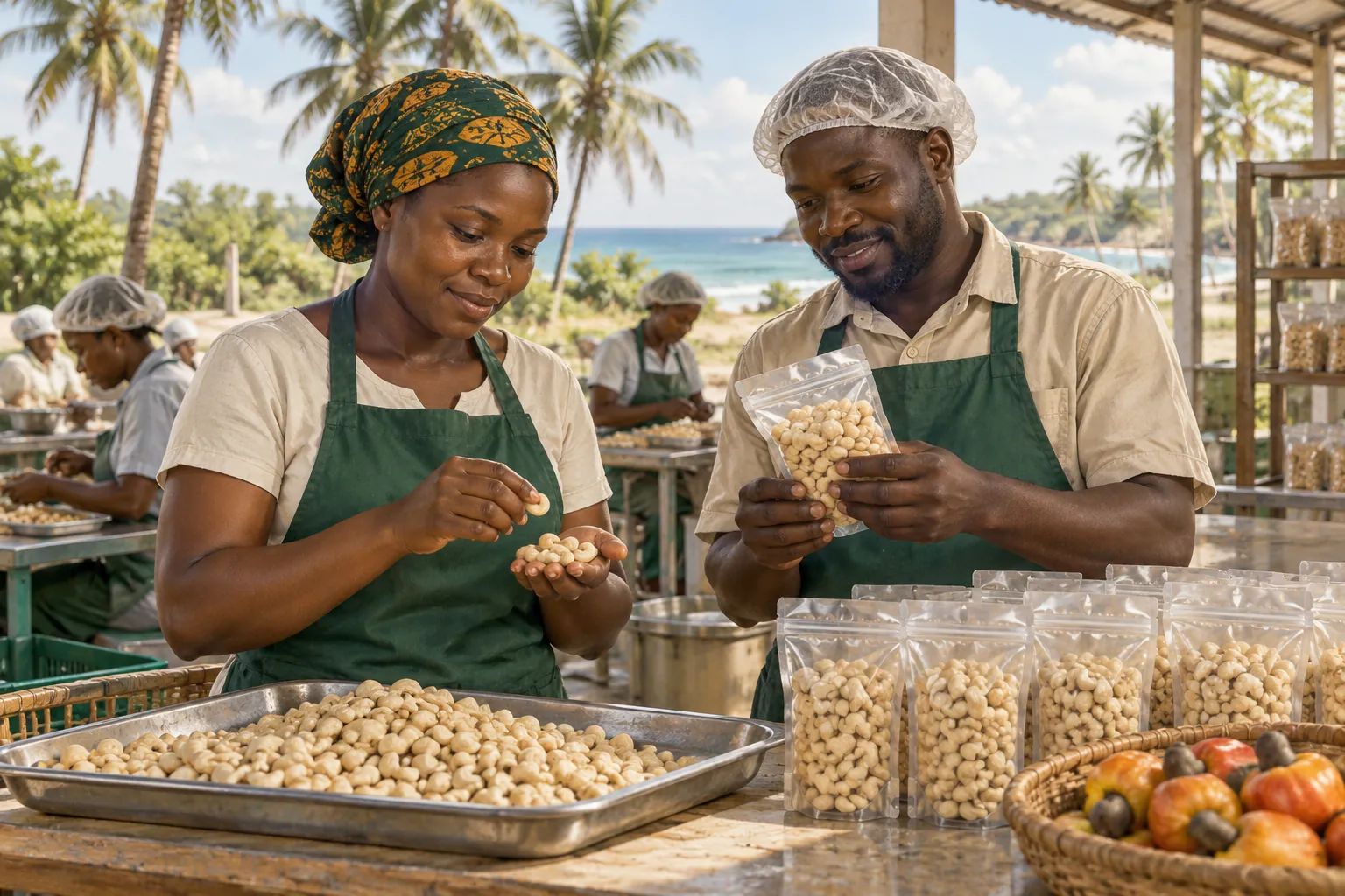Editorial illustration inspired by Mozambique: a cashew grower and small processor checking packed kernels in an airy workshop near coastal palms