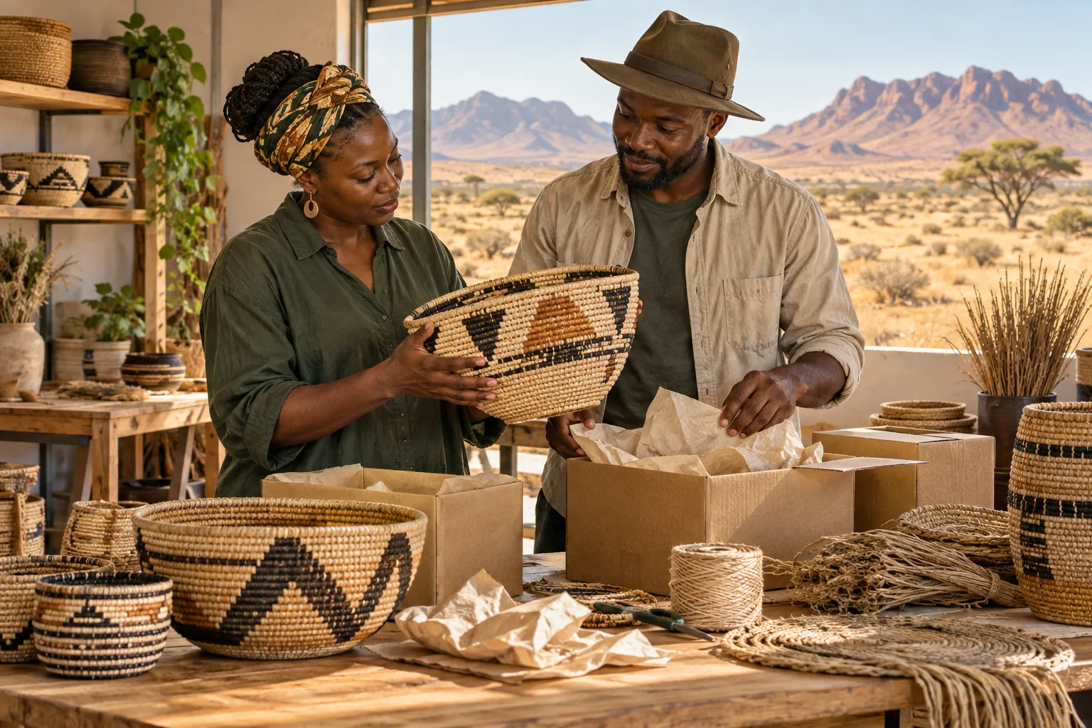 Editorial illustration inspired by Namibia: two contemporary craft entrepreneurs examining woven baskets and packing materials at a light workshop facing an arid open landscape