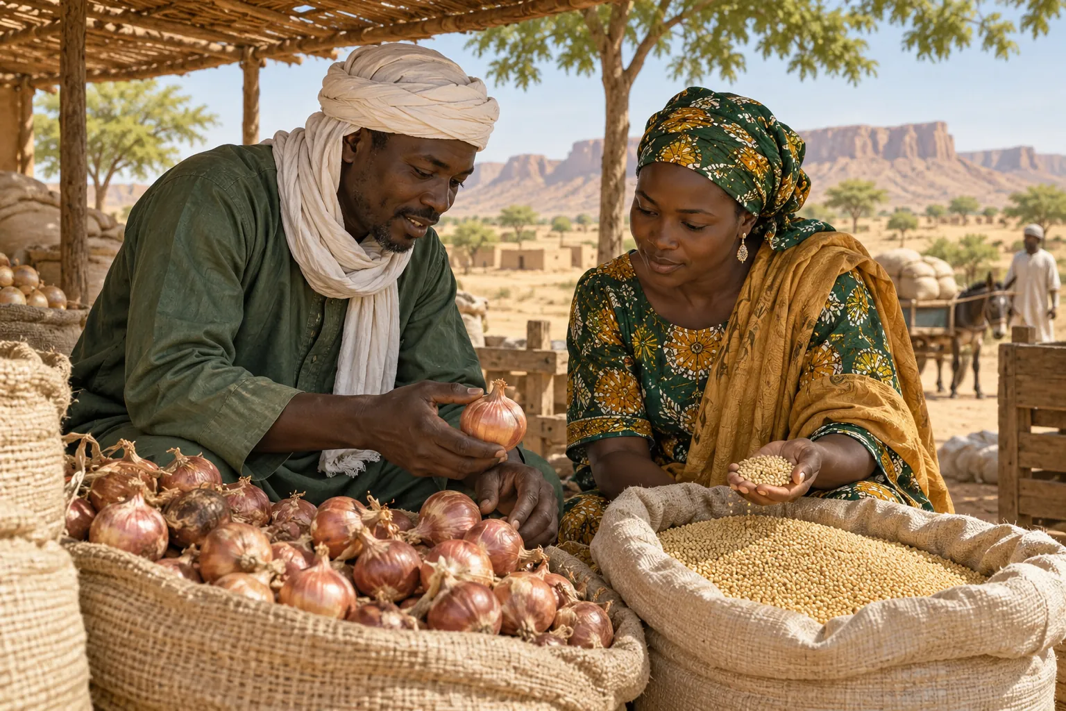 Editorial illustration inspired by Niger: a farmer and cooperative buyer checking onions and millet at a shaded collection point with a dry Sahel landscape beyond