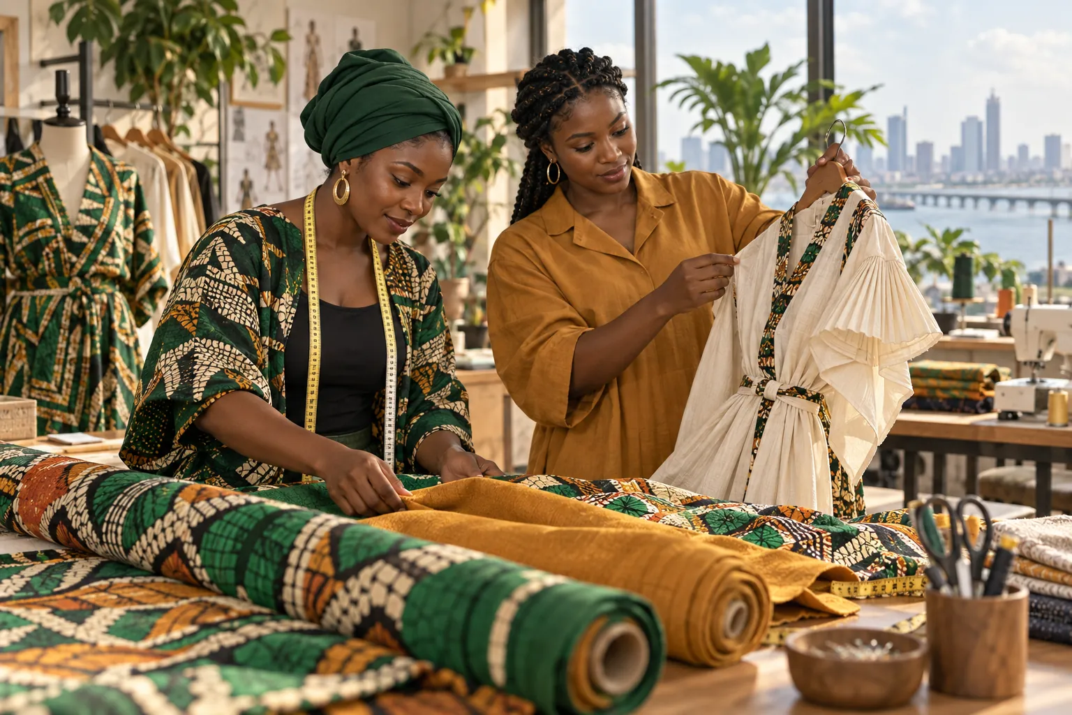 Editorial illustration inspired by Nigeria: two fashion entrepreneurs checking colourful fabric rolls and garment details at a bright contemporary Lagos-inspired workshop