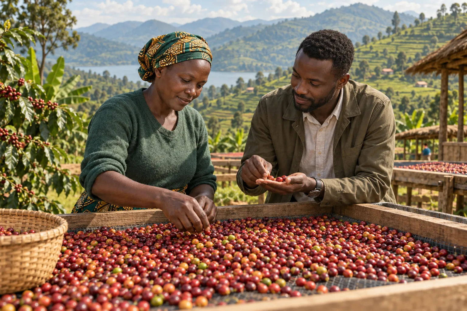 Editorial illustration inspired by Rwanda: a coffee farmer and buyer reviewing coffee cherries on a raised sorting table with green terraced hills beyond