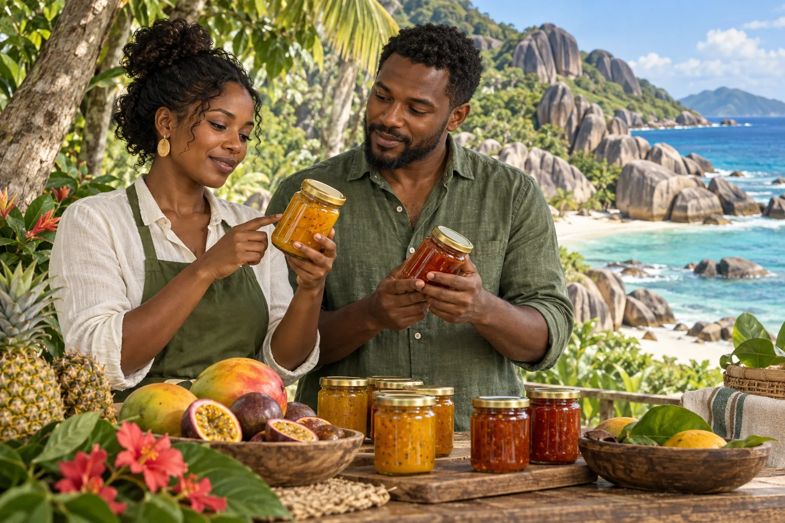 Editorial illustration inspired by Seychelles: two food entrepreneurs reviewing labelled-free jars of local fruit preserves beside tropical trees and a granite island coastline