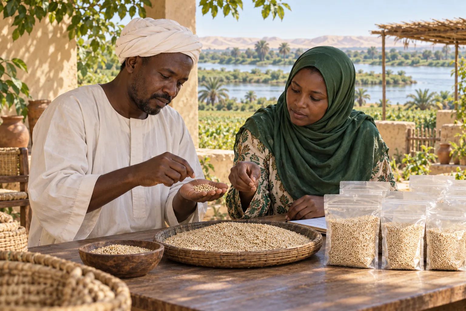 Editorial illustration inspired by Sudan: two food producers reviewing sesame samples and sealed seed packages at a shaded courtyard workbench near a cultivated river landscape