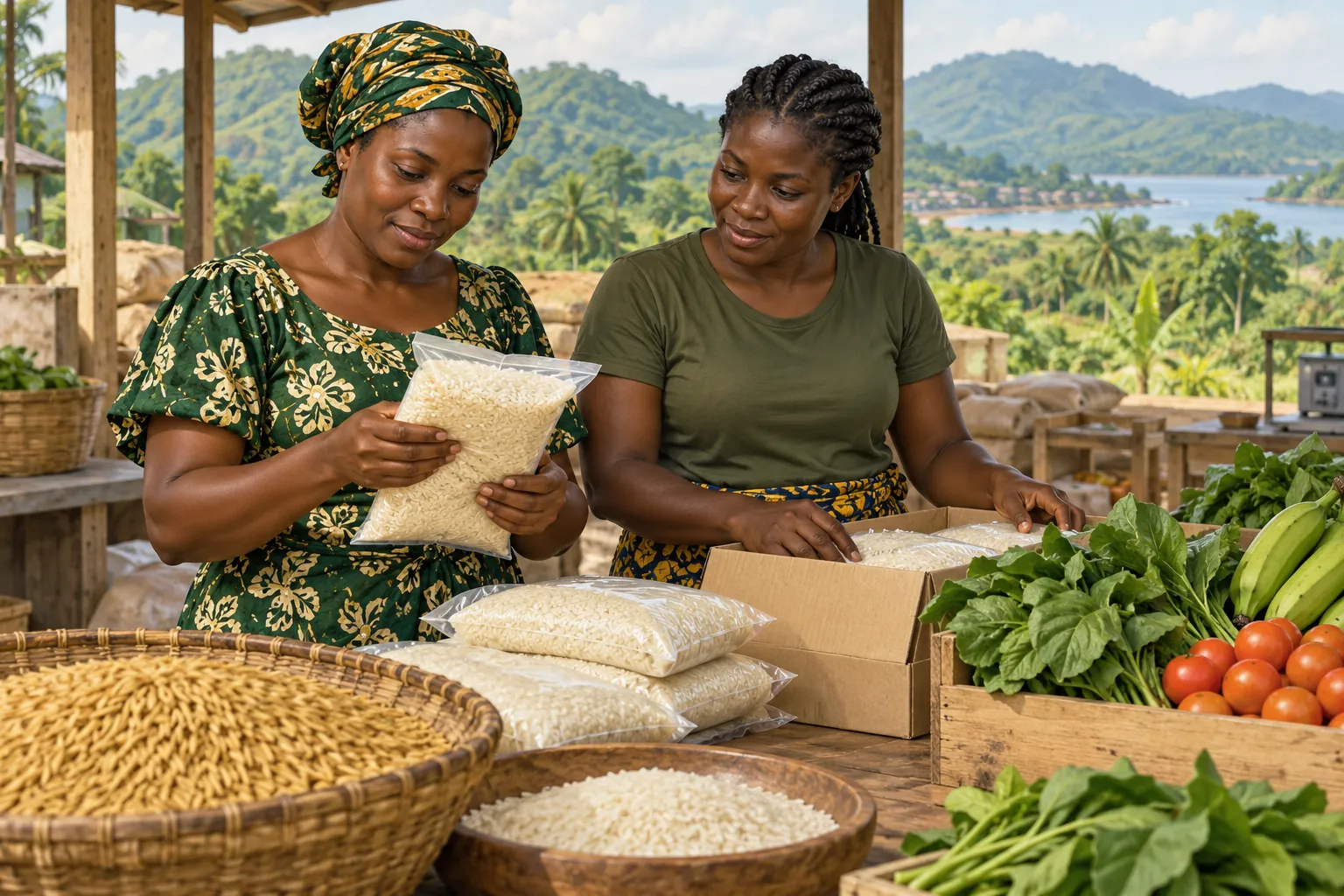 Editorial illustration inspired by Sierra Leone: two women agricultural entrepreneurs checking rice and produce packaging at a cooperative workspace with green hills beyond