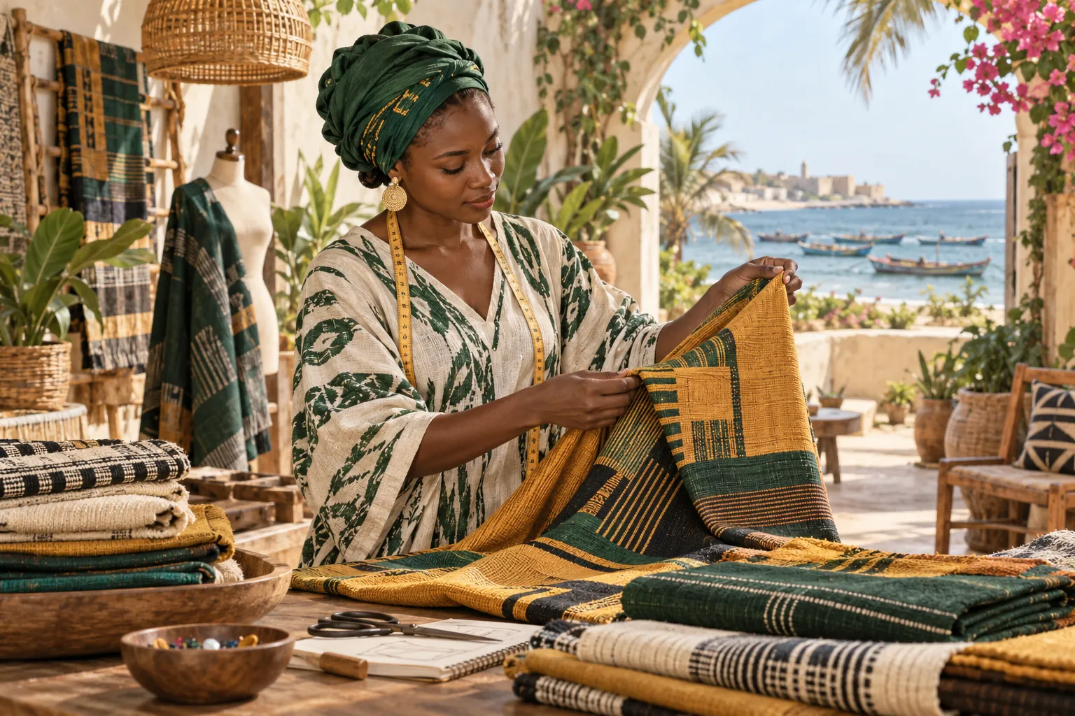 Editorial illustration inspired by Senegal: a textile designer and small business owner examining vivid woven fabrics in a bright coastal courtyard studio