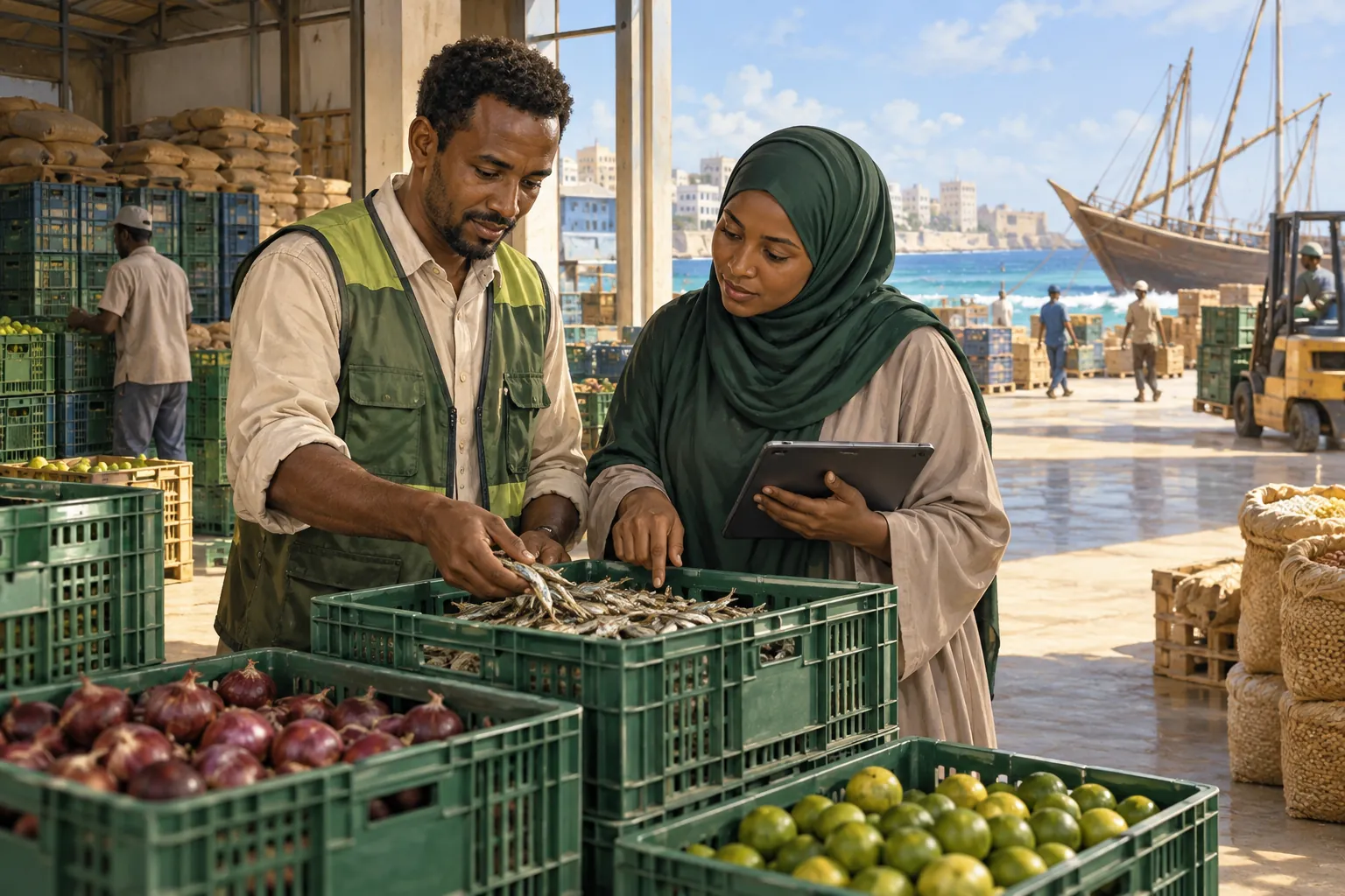 Editorial illustration inspired by Somalia: two logistics and food-trade professionals reviewing reusable product crates at an airy Indian Ocean coastal warehouse