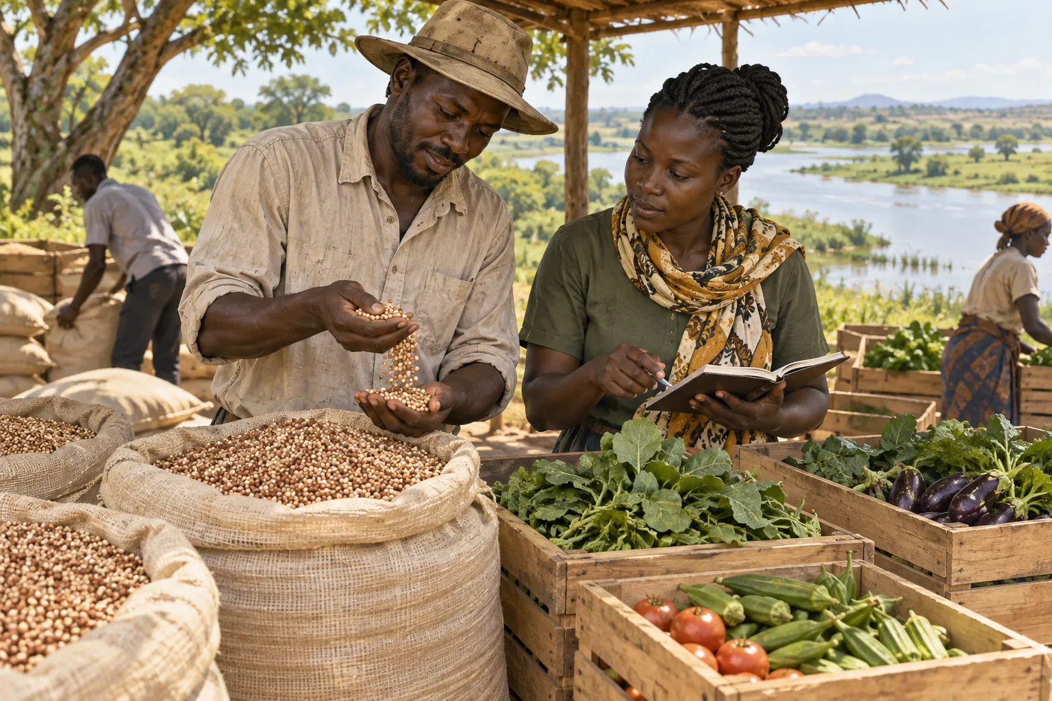 Editorial illustration inspired by South Sudan: a farmer and cooperative organiser checking sorghum and vegetable crates at a shaded collection workspace near a green river landscape