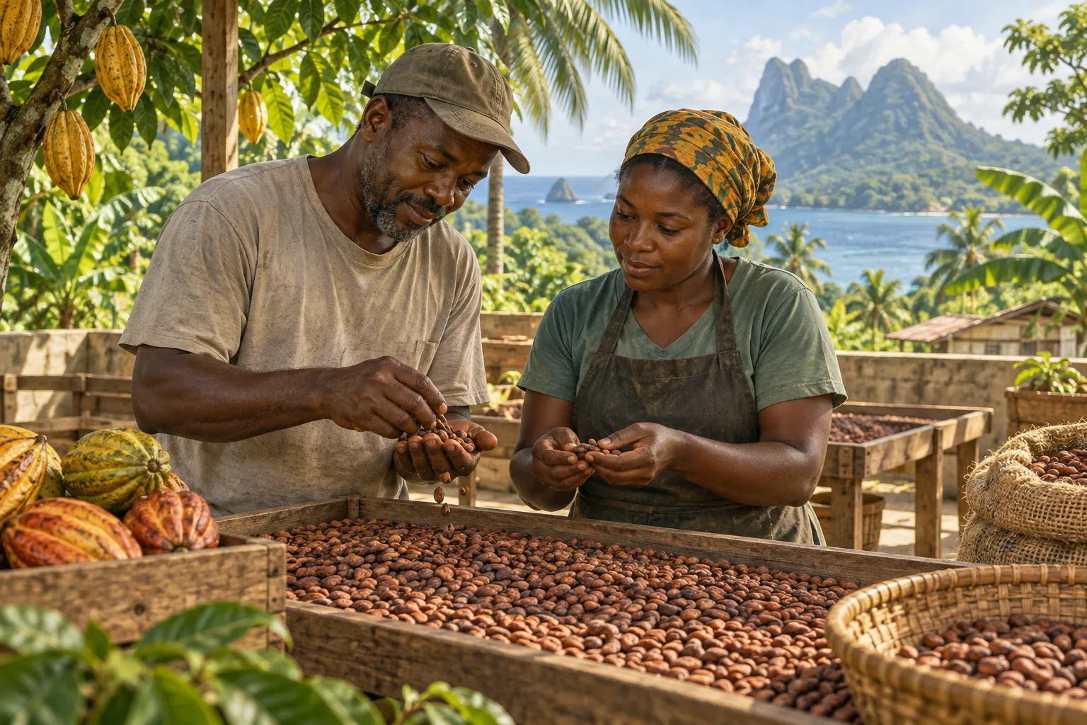 Editorial illustration inspired by São Tomé and Príncipe: two cocoa growers checking beans in a tropical cooperative workshop framed by luxuriant island vegetation