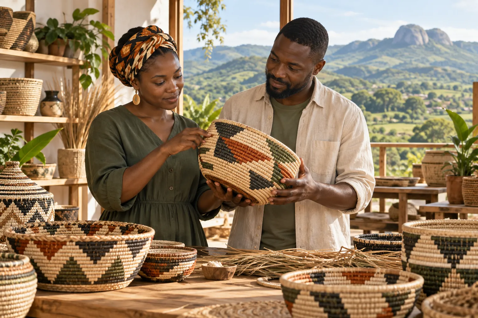 Editorial illustration inspired by Eswatini: a pair of contemporary craft entrepreneurs examining colourful handwoven baskets in a light-filled workshop with green hills beyond