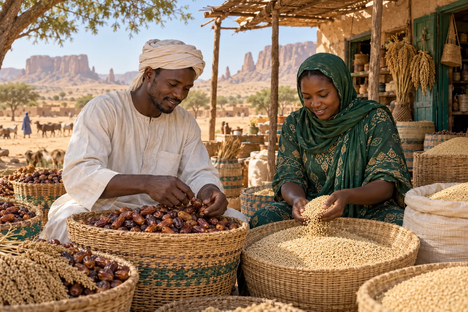 Editorial illustration inspired by Chad: two agricultural entrepreneurs sorting baskets of dates and millet beside a shaded market store, ochre Sahel landscape beyond