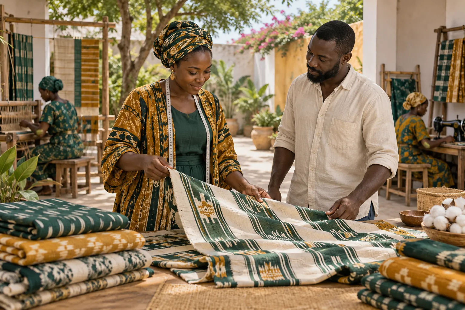Editorial illustration inspired by Togo: a textile maker and enterprise owner examining bright cotton fabrics in an airy courtyard workshop