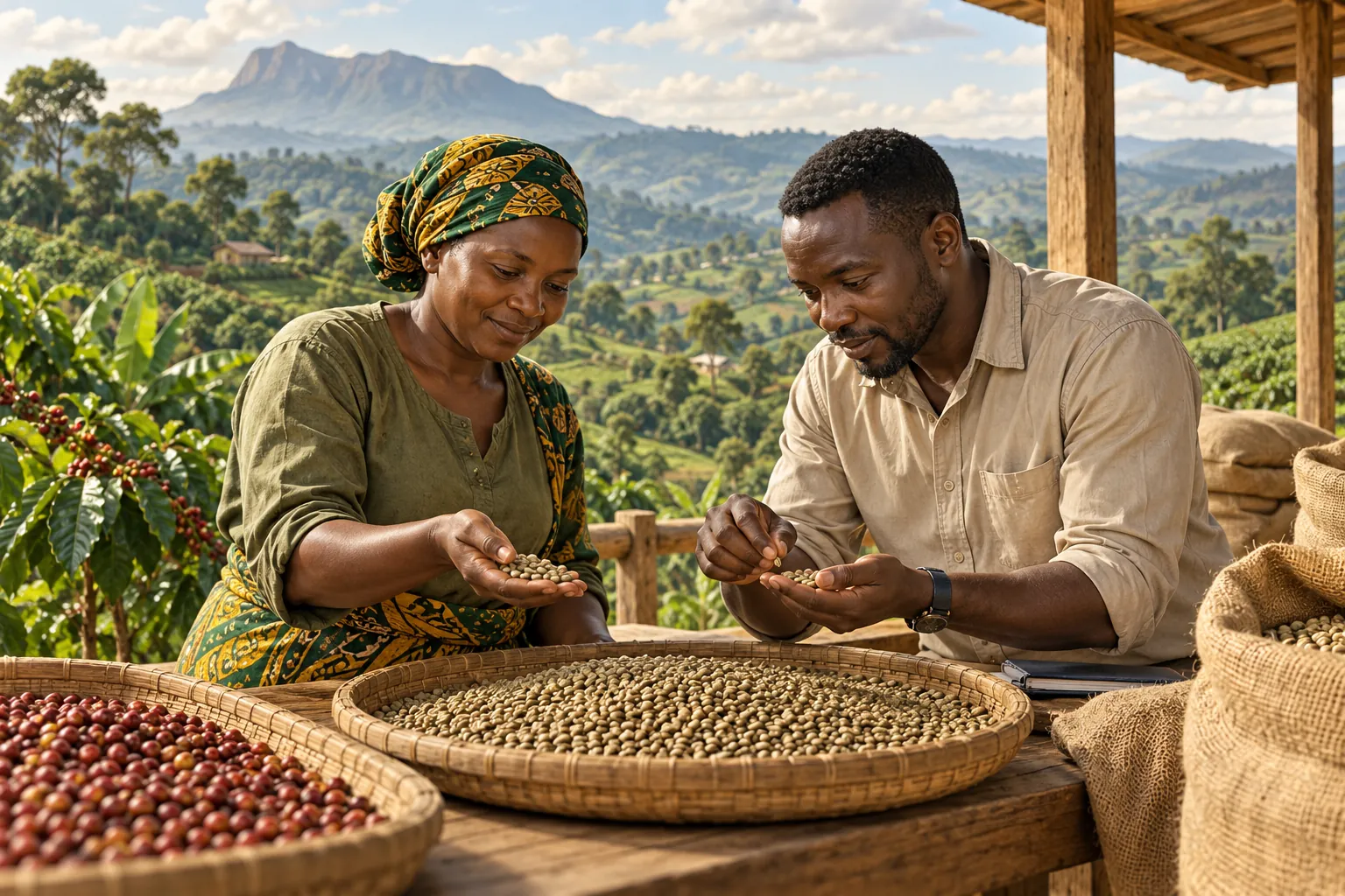 Editorial illustration inspired by Tanzania: a coffee grower and buyer checking coffee beans at a cooperative table overlooking verdant highland farms