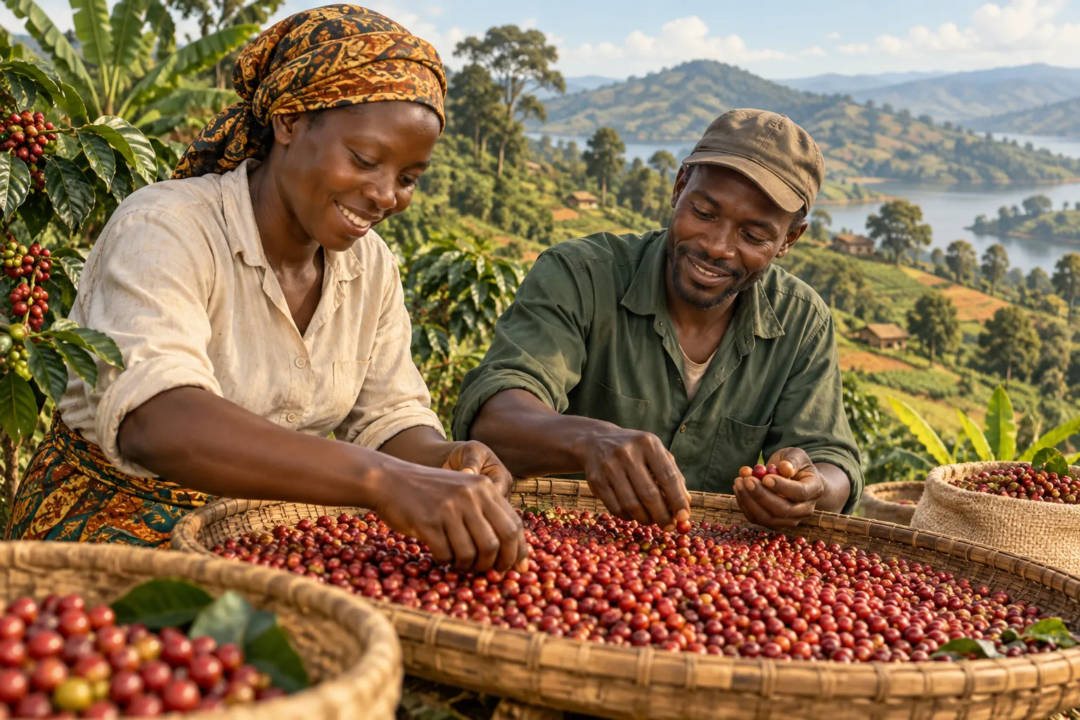 Editorial illustration inspired by Uganda: two coffee cooperative workers sorting ripe cherries beside a lush cultivated hillside