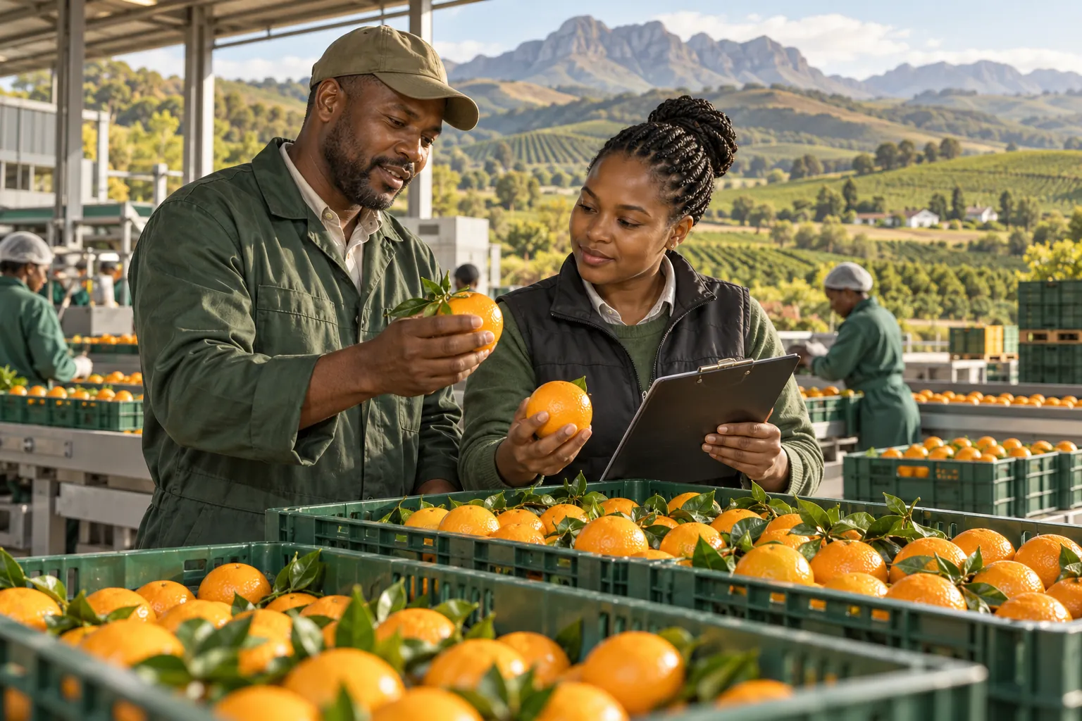 Editorial illustration inspired by South Africa: a fruit grower and quality specialist checking citrus crates at a modern packing station with cultivated hills beyond